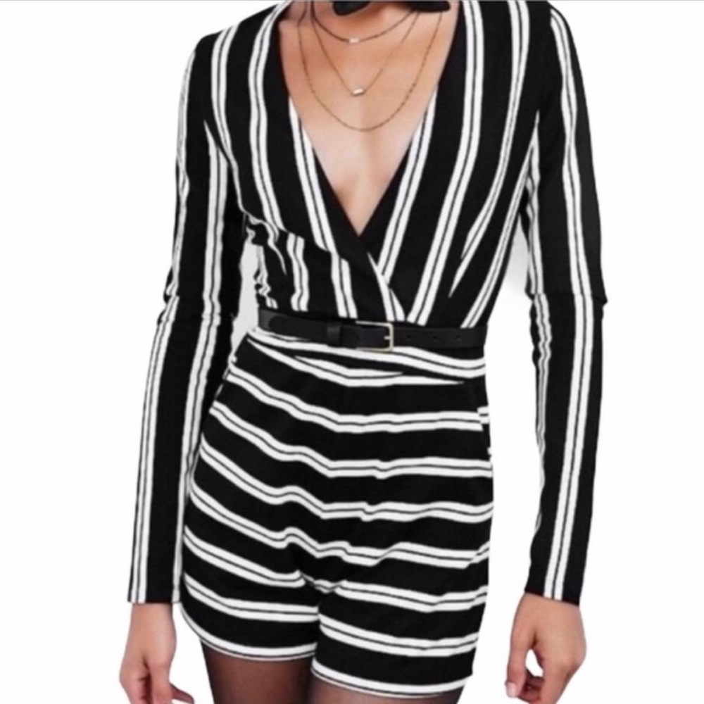 NWT Black and White Striped Romper with Pockets